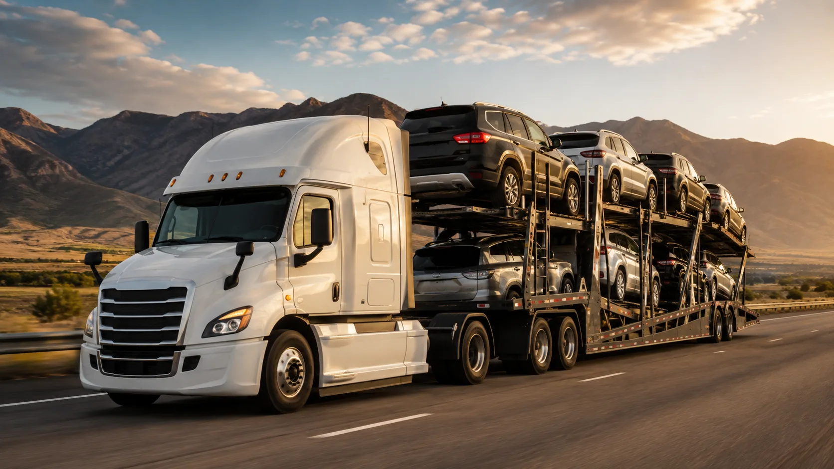 Car hauler loaded with vehicles on an interstate at golden hour